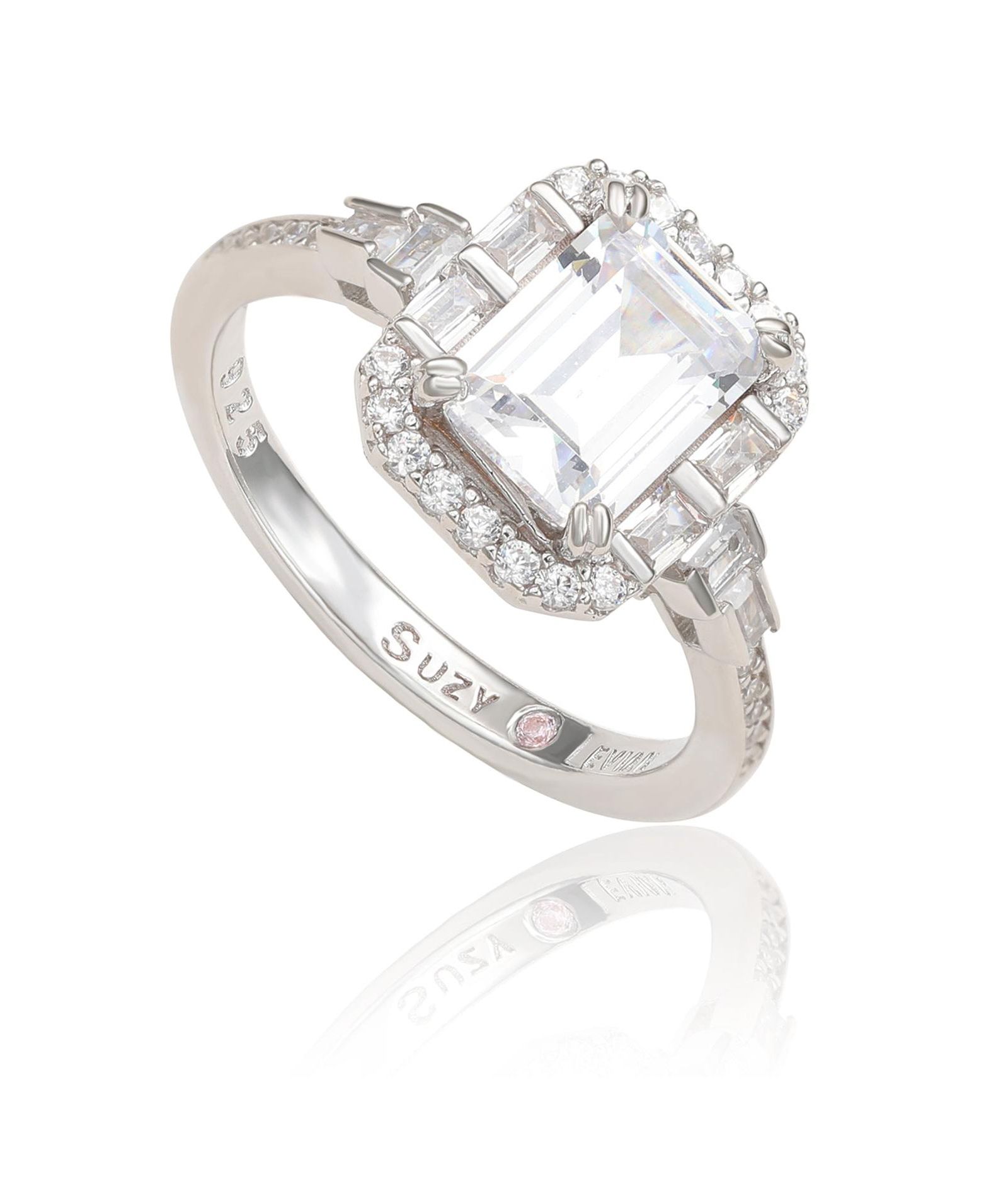 Кольцо Suzy Levian Sterling Silver Emerald Cut Cubic Zirconia Multi-Cut Center Stone