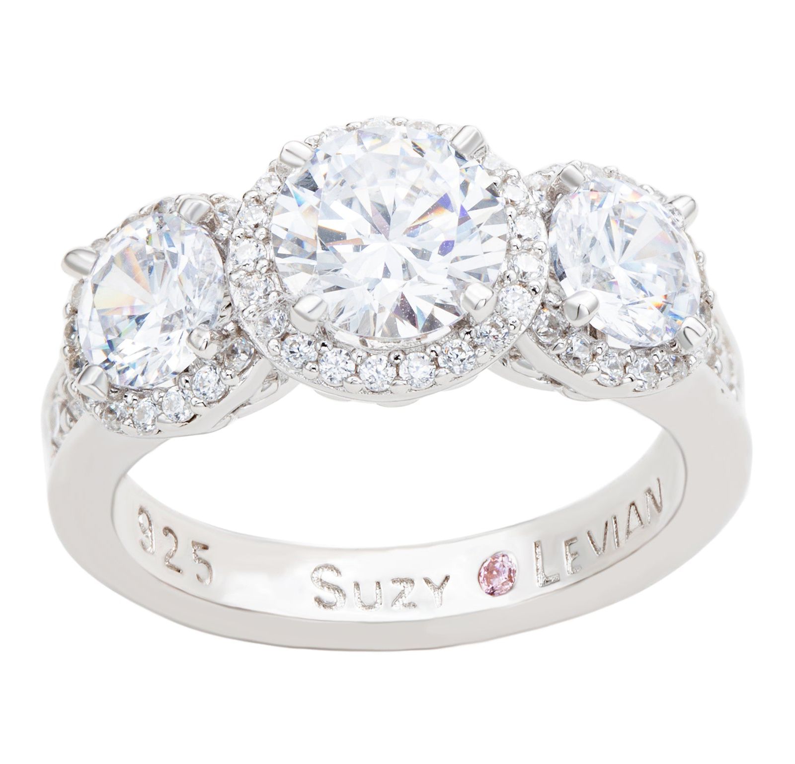 Suzy Levian Sterling Silver Cubic Zirconia White Three Stones Halo Center Stone Ring