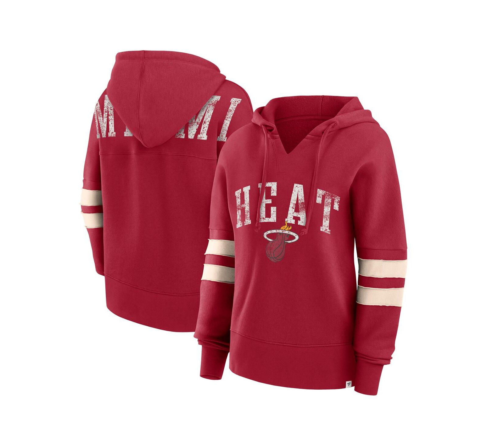 Women's Fanatics Red Distressed Miami Heat Bold Move Dolman V-Neck Pullover Hoodie