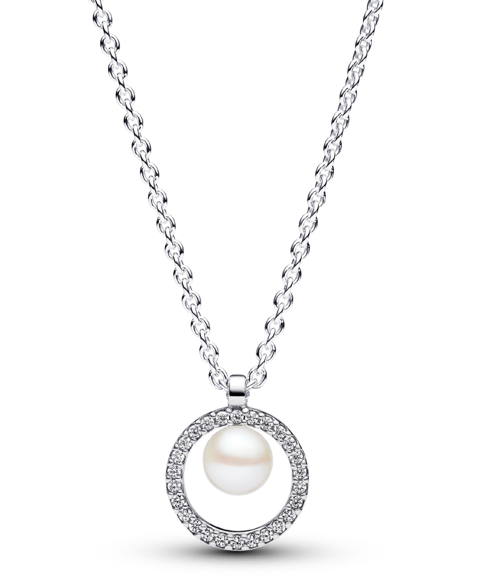 Pandora Sterling Silver Sparkling Treated Freshwater Cultured Pearl Pave Collier Necklace