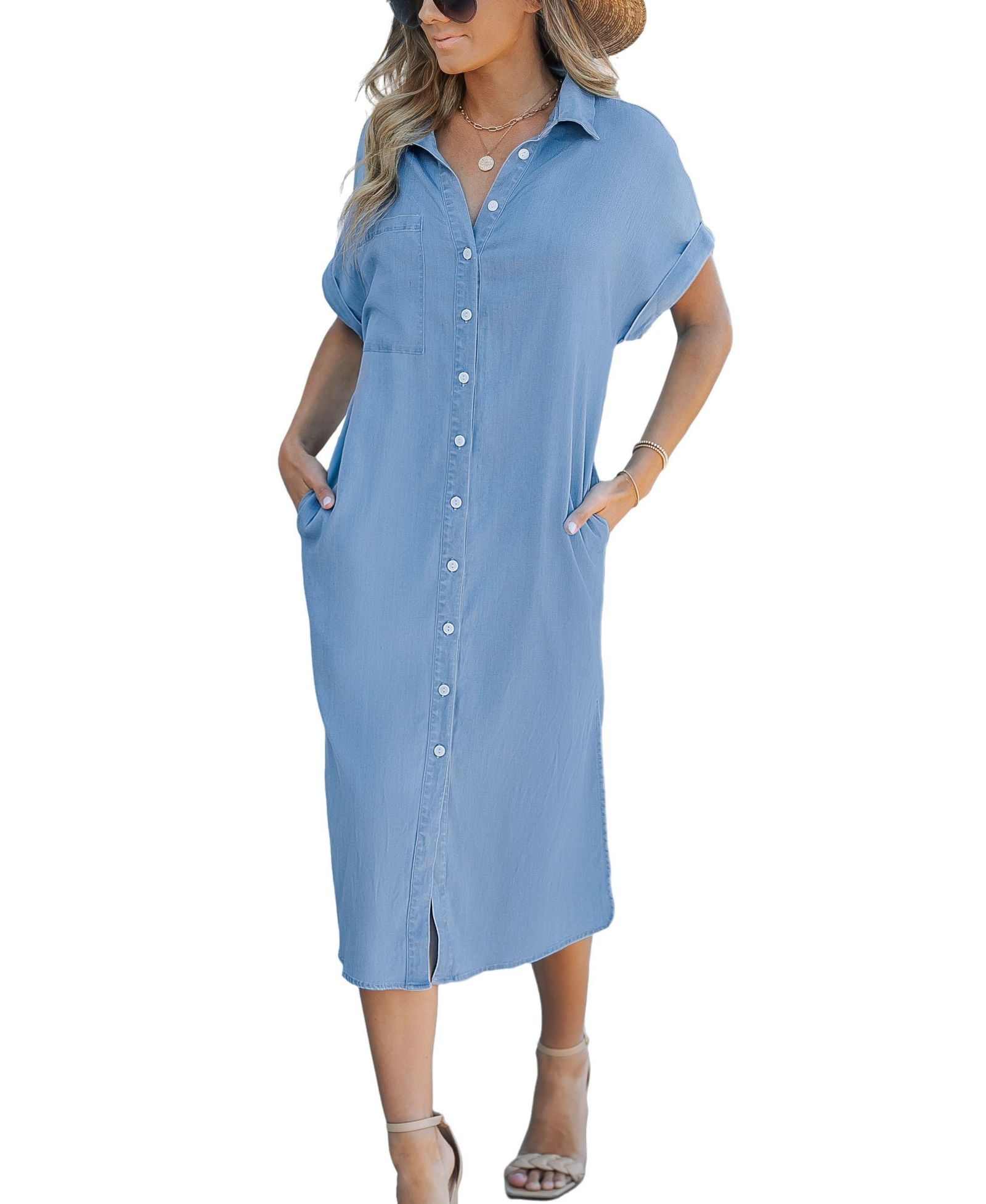 Платье Cupshe Women's Denim с коротким рукавом и пуговицами