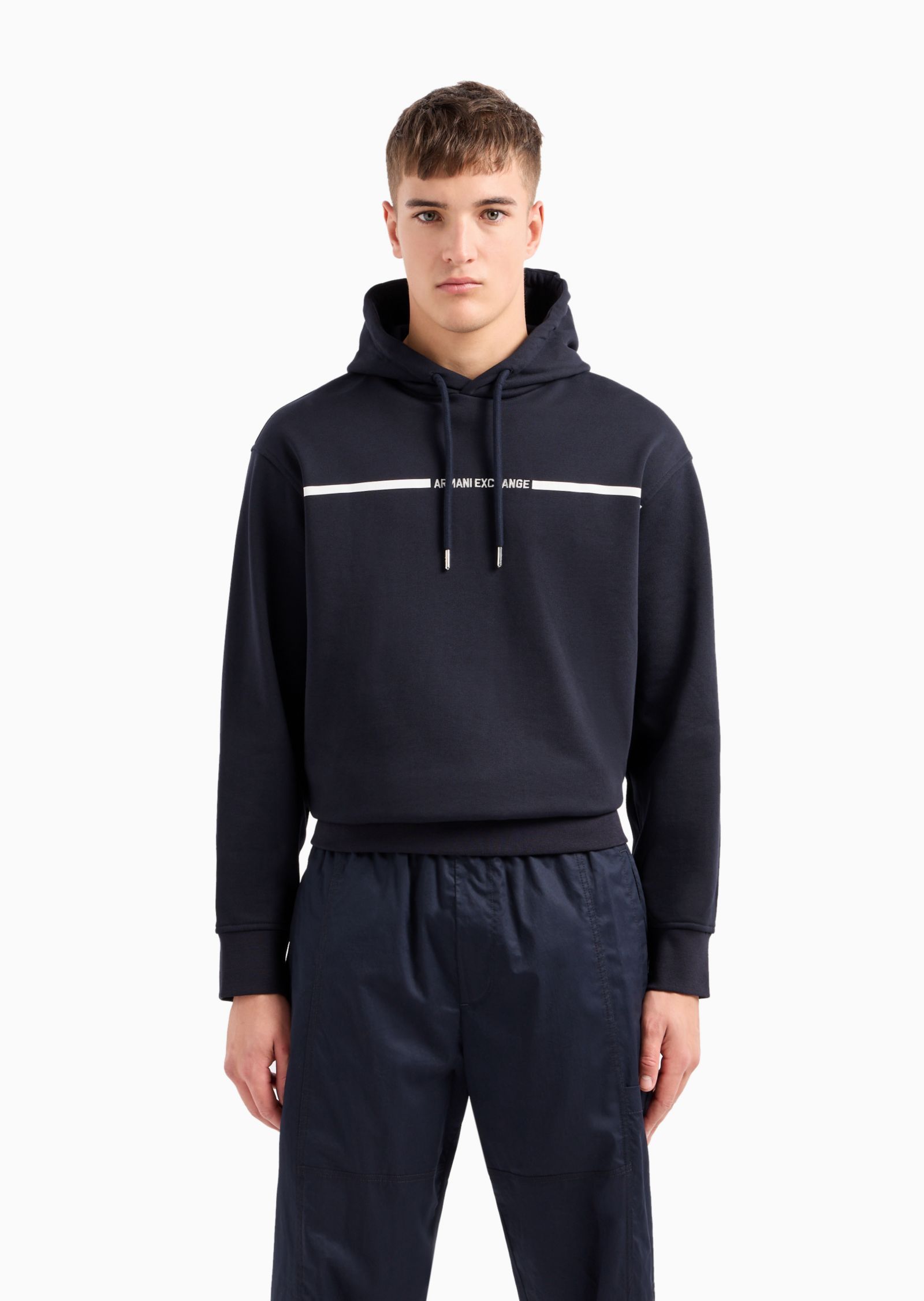 A|X Armani Exchange Men's French Terry Skinny Stripe Logo Drawstring Hoodie