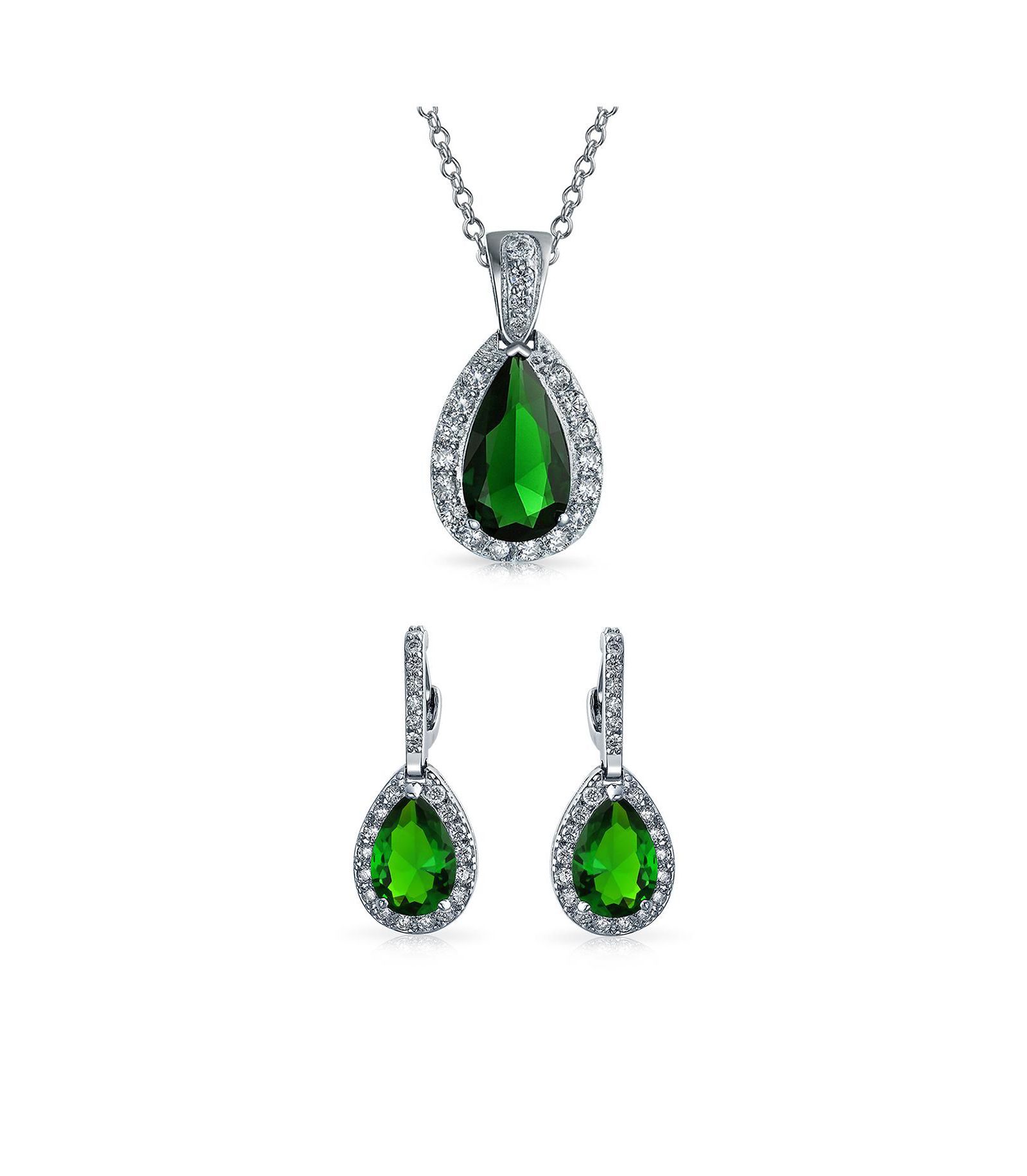 Bling Jewelry Classic Red CZ Solitaire Teardrop Pendant Necklace Earrings Jewelry Set