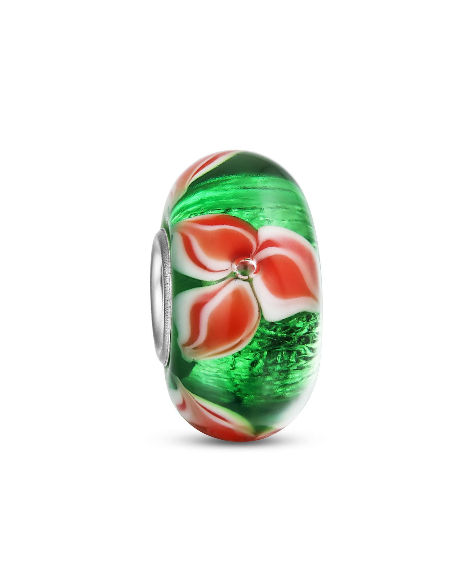 Bling Jewelry Red Flower Poinsettia Green Charm Bead for Bracelet .925 Sterling Silver