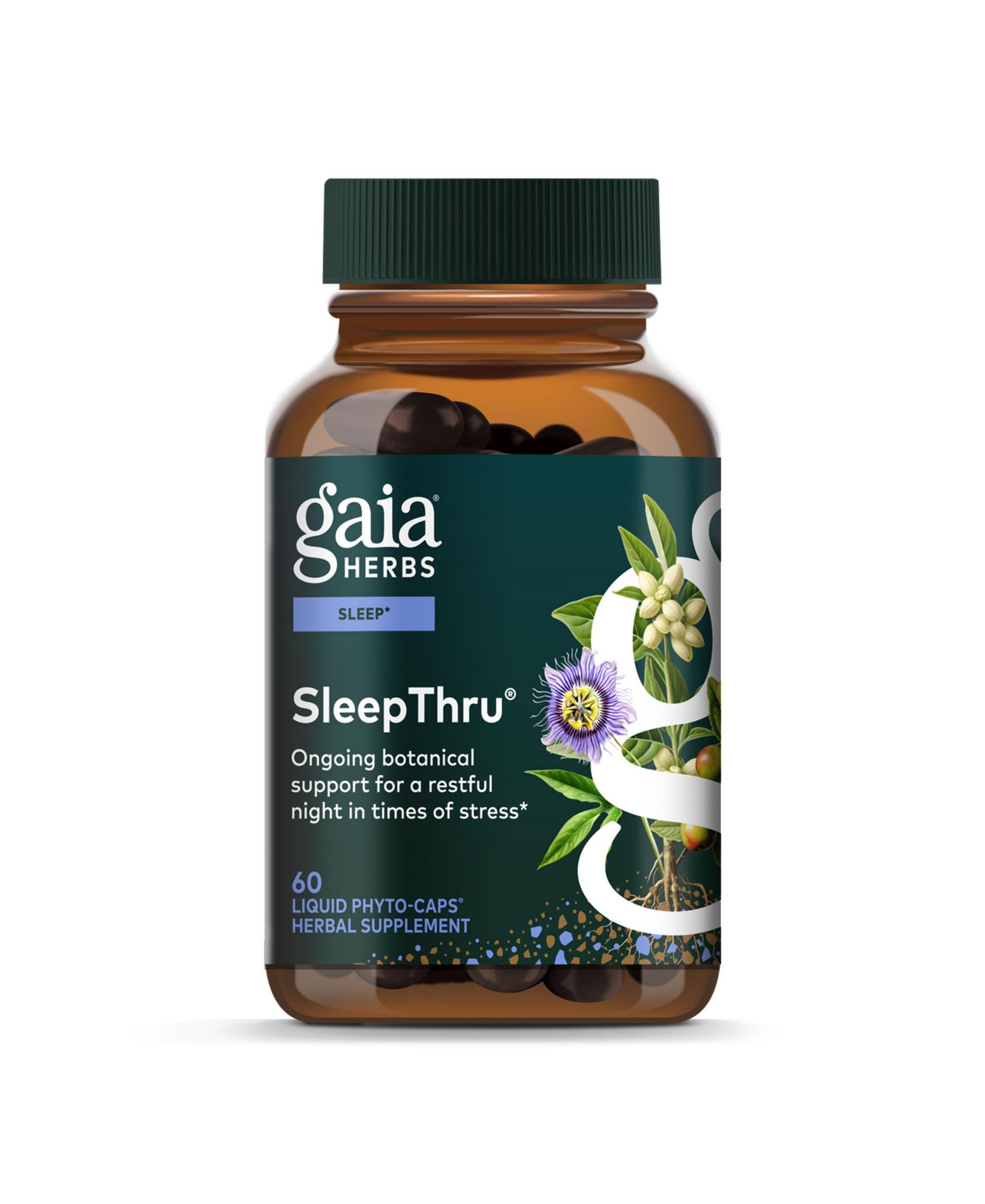 Добавка для сна Gaia Herbs SleepThru с корнем ашваганды, корой магнолии и пассифлорой — 60 жидких капсул