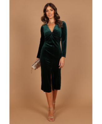 Womens Lisse Twist Front Long Sleeve Velvet Midi Dress - Emerald