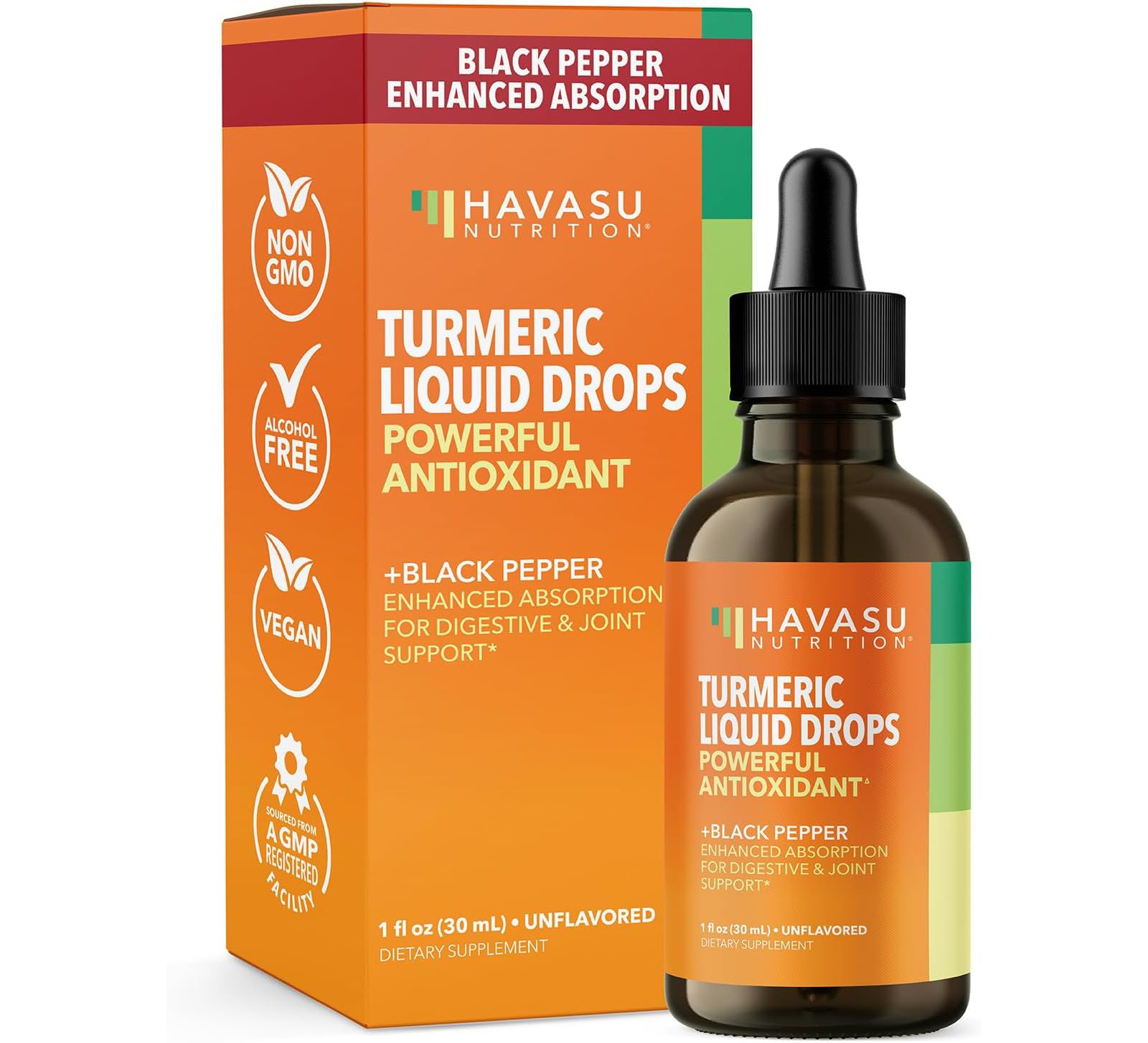 Organic Turmeric Liquid Drops, Liquid Turmeric 1000mg Enhanced Absorption for Digestive & Joint Support, Unflavored, Havasu Nutrition, 1 fl oz