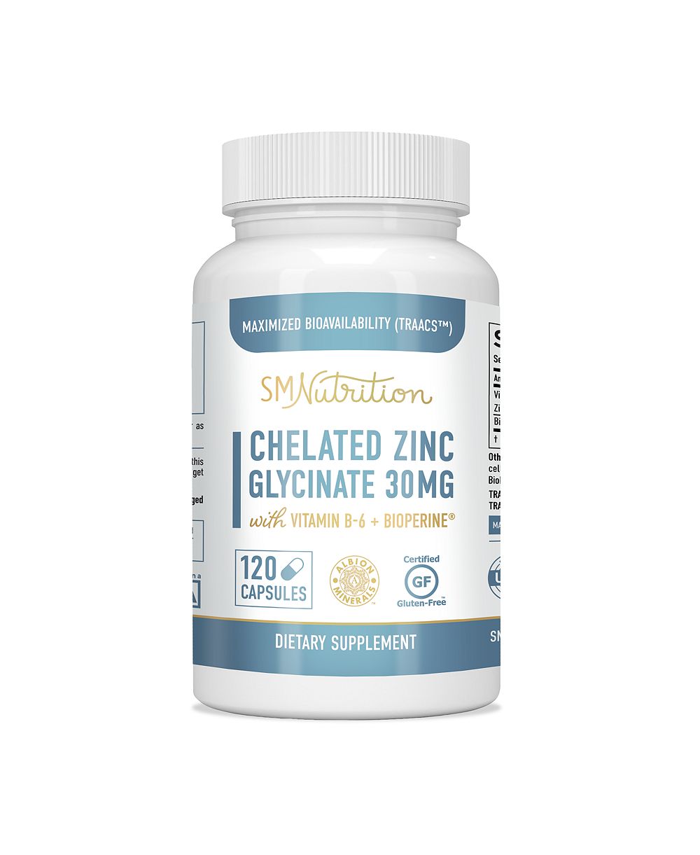 SMNutrition добавки цинк хелатный | Zinc Glycinate 30mg | TRAACS, Vitamin B6 & BioPerine | поддержка иммунитета, борьба с акне и энергия | Non-GMO, Gluten-Free | 120 капсул