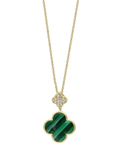 EFFY® Malachite & Diamond (1/8 ct. t.w.) Clover 18" Pendant Necklace in 14k Gold