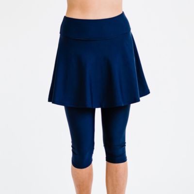 Calypsa Women's Chlorine Resistant High Waisted Flared Swim Skort With Attached Capri Leggings