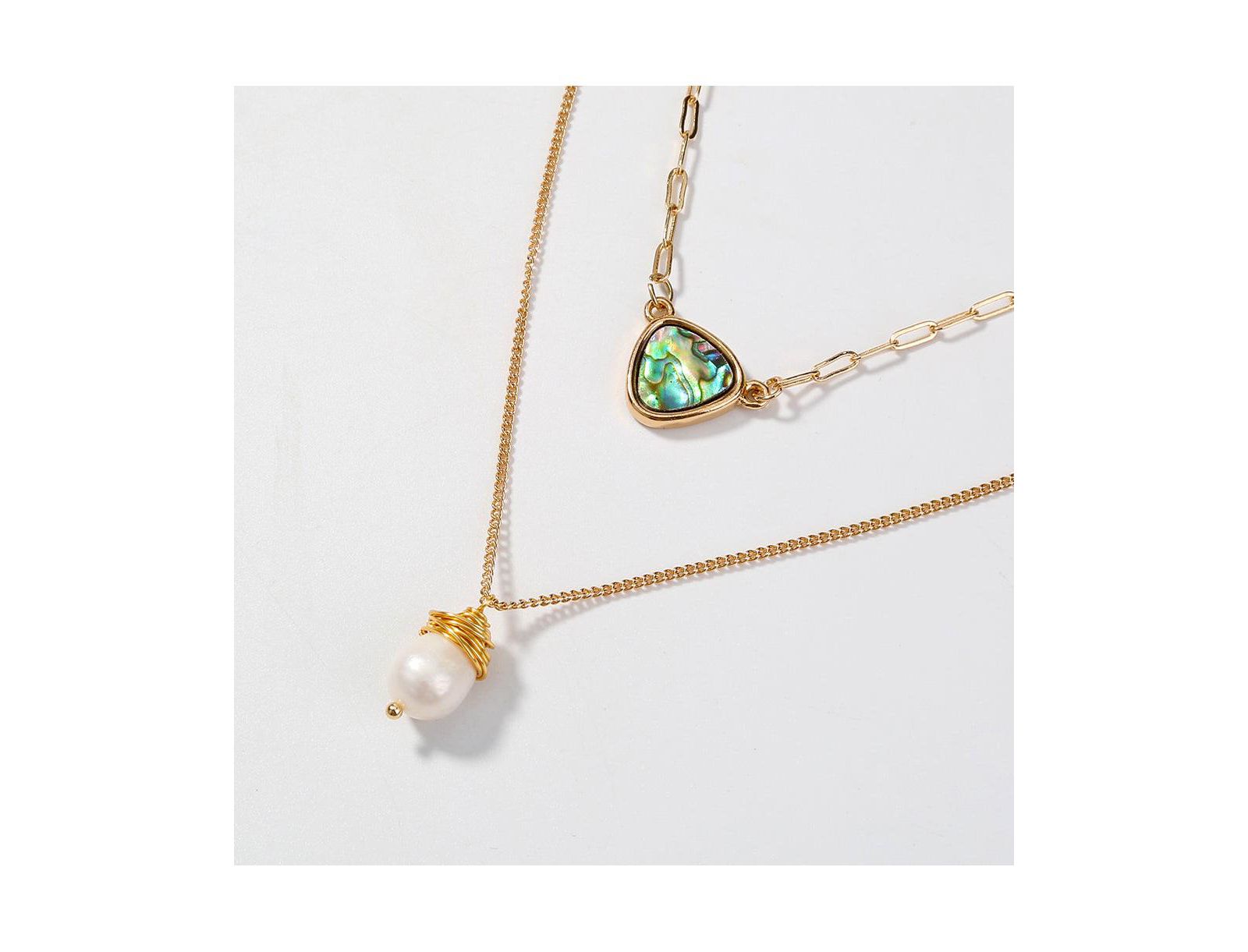 Two Layer Necklace With Abalone Pendant And Pearl Pendant