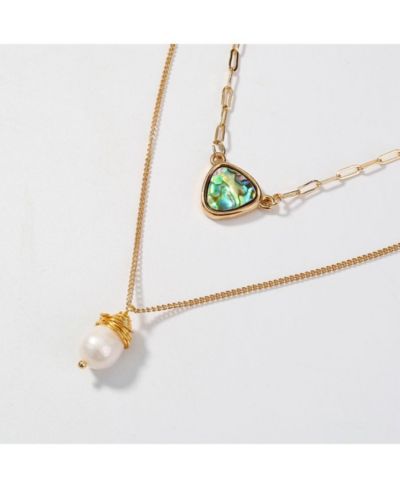 Two Layer Necklace With Abalone Pendant And Pearl Pendant