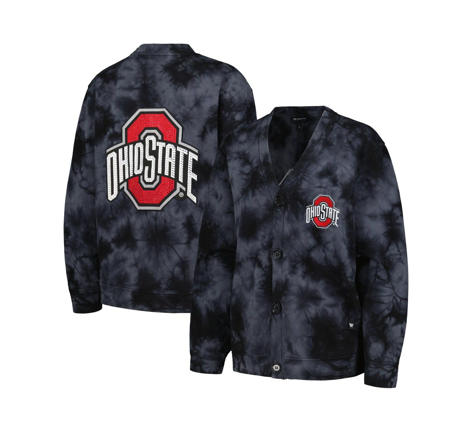 Women's The Wild Collective Black Ohio State Buckeyes Jeweled Tie-Dye Button-Up V-Neck Sweater
