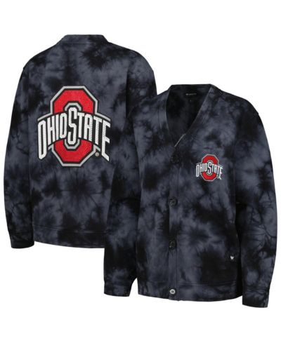 Women's The Wild Collective Black Ohio State Buckeyes Jeweled Tie-Dye Button-Up V-Neck Sweater