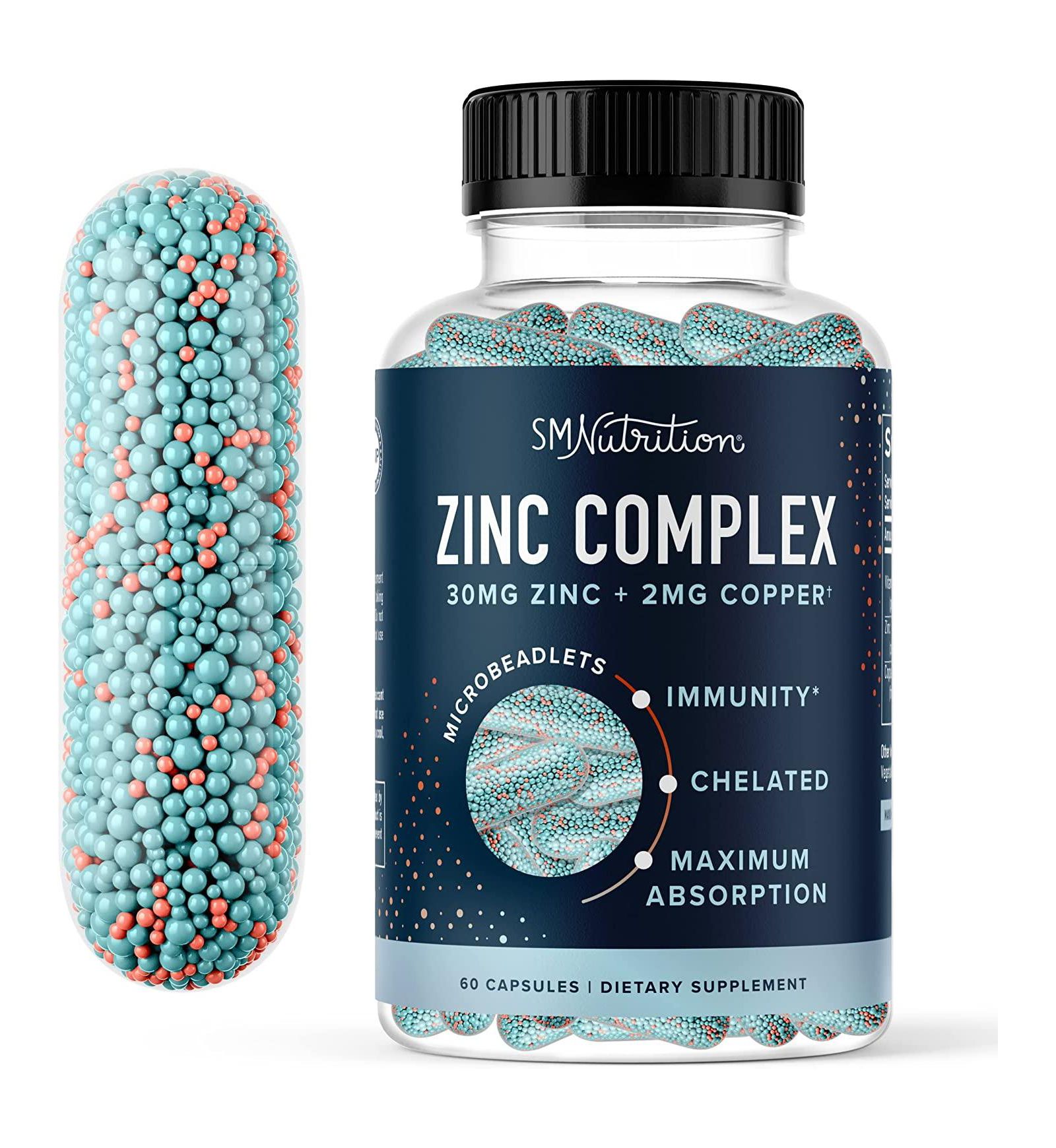 Цинк SMNutrition Zinc 30mg Microbeadlets with Copper Highly Absorbable Bisglycinate & Ororate 2mg Chelated Copper + B6 Gluten-Free Acne Support 60 Ct