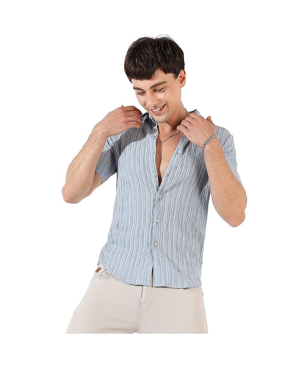 Cahoot Men's Campus Sutra Light Blue Textured Regular Fit Casual Shirt