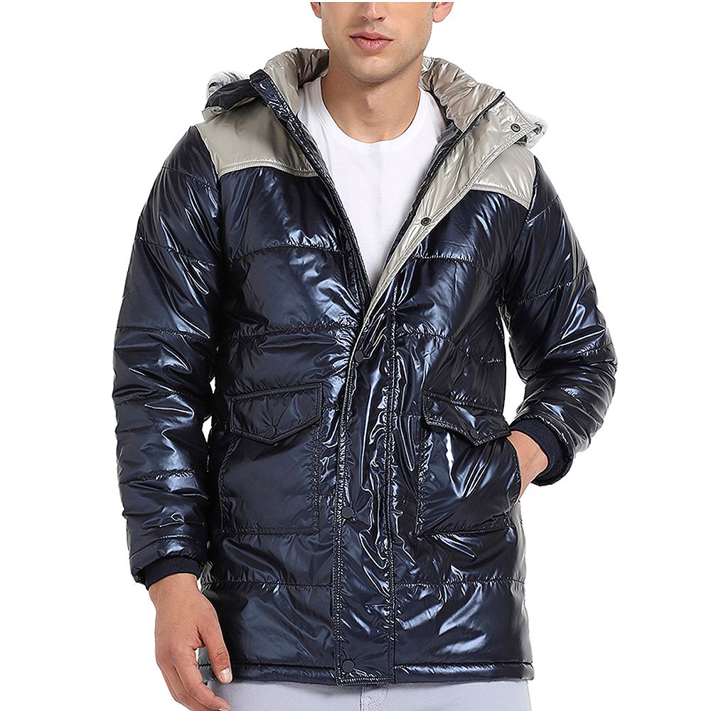 Cahoot Men's Blue and Beige Zip-Front Puffer Jacket With Fur Detail