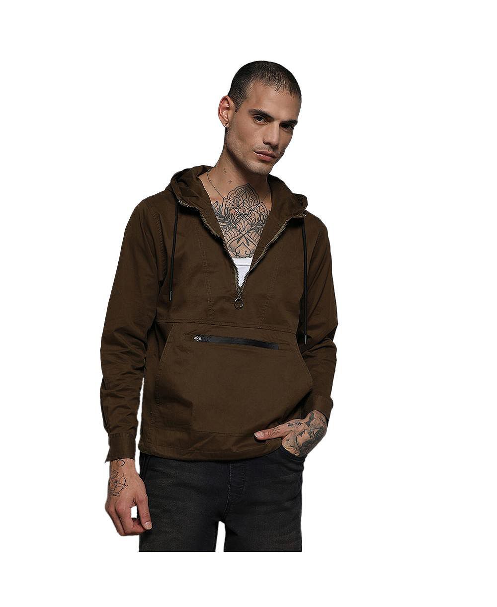 Cahoot Men's Campus Sutra Brown Half-Zip Utility Jacket With Contrast Drawstring