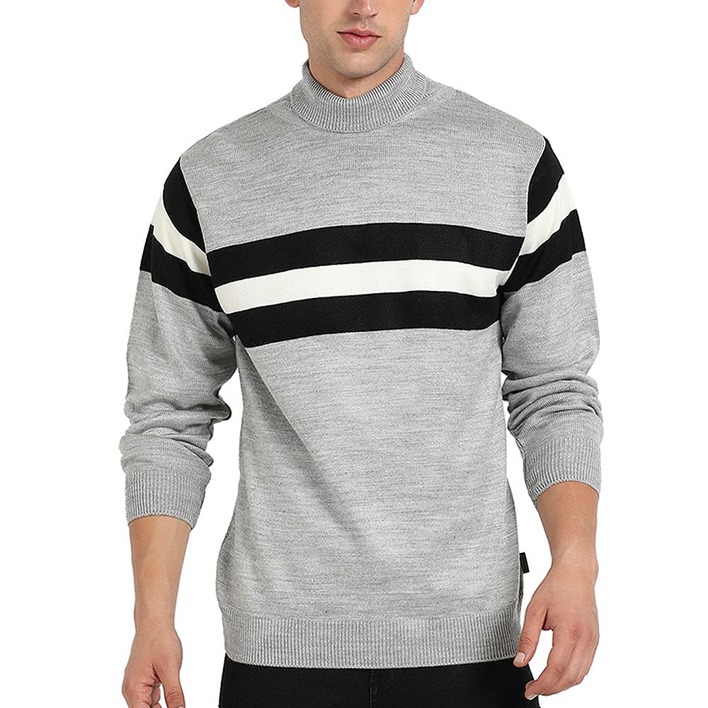 Cahoot Men's Campus Sutra Light Grey Relaxed Horizontal Striped Pullover Sweater
