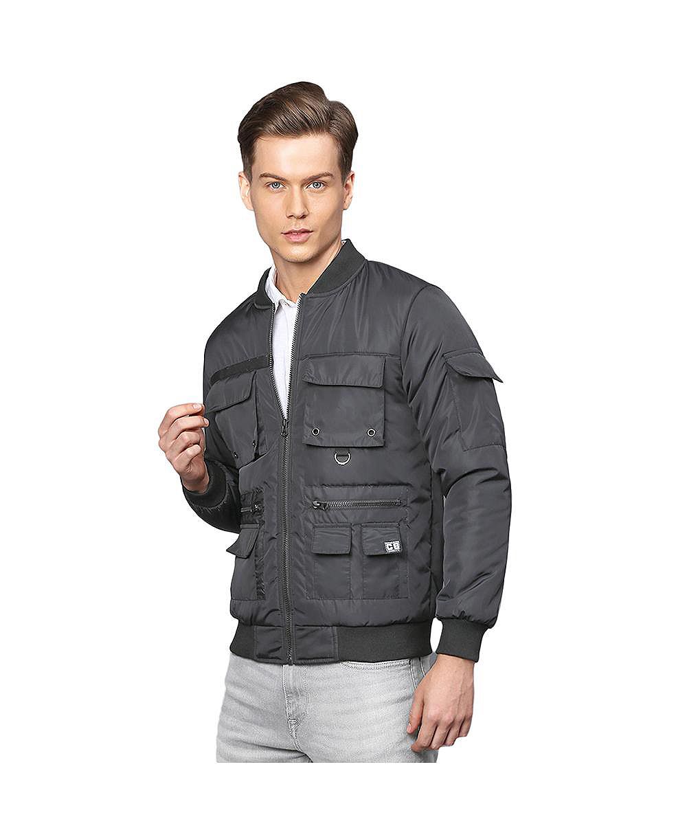 Campus Sutra Men's Carbon Black Zip-Front Jacket With Flap Pocket