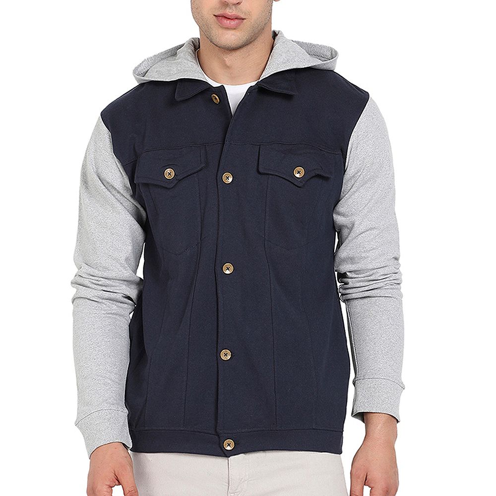 Cahoot Men's Campus Sutra Grey and Navy Blue Button-Front Jacket With Contrast Detail