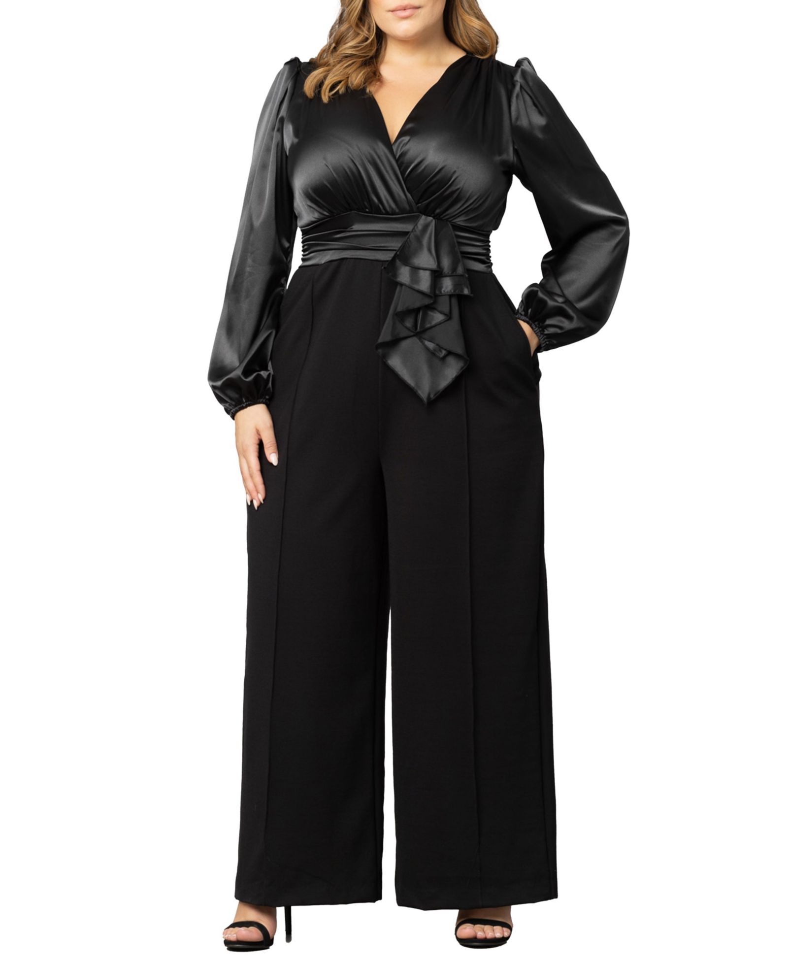 Kiyonna Plus Size Refined Satin Wide Leg Jumpsuit