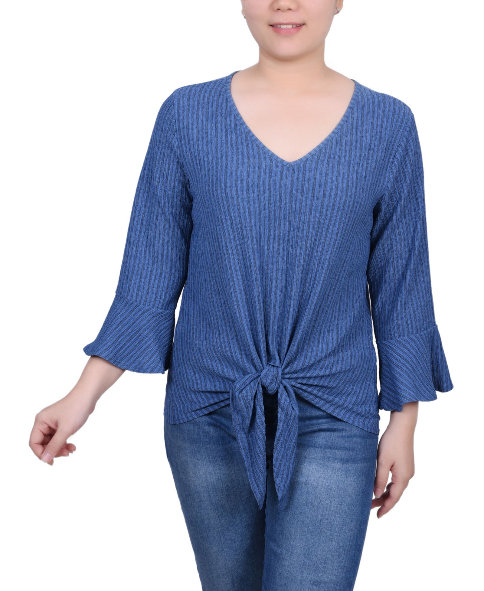NY Collection Petite 3/4 Bell Sleeve Textured Knit Top