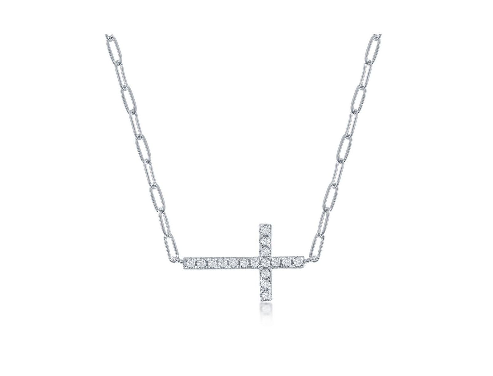 Sterling Silver CZ Sideways Cross Paperclip Necklace