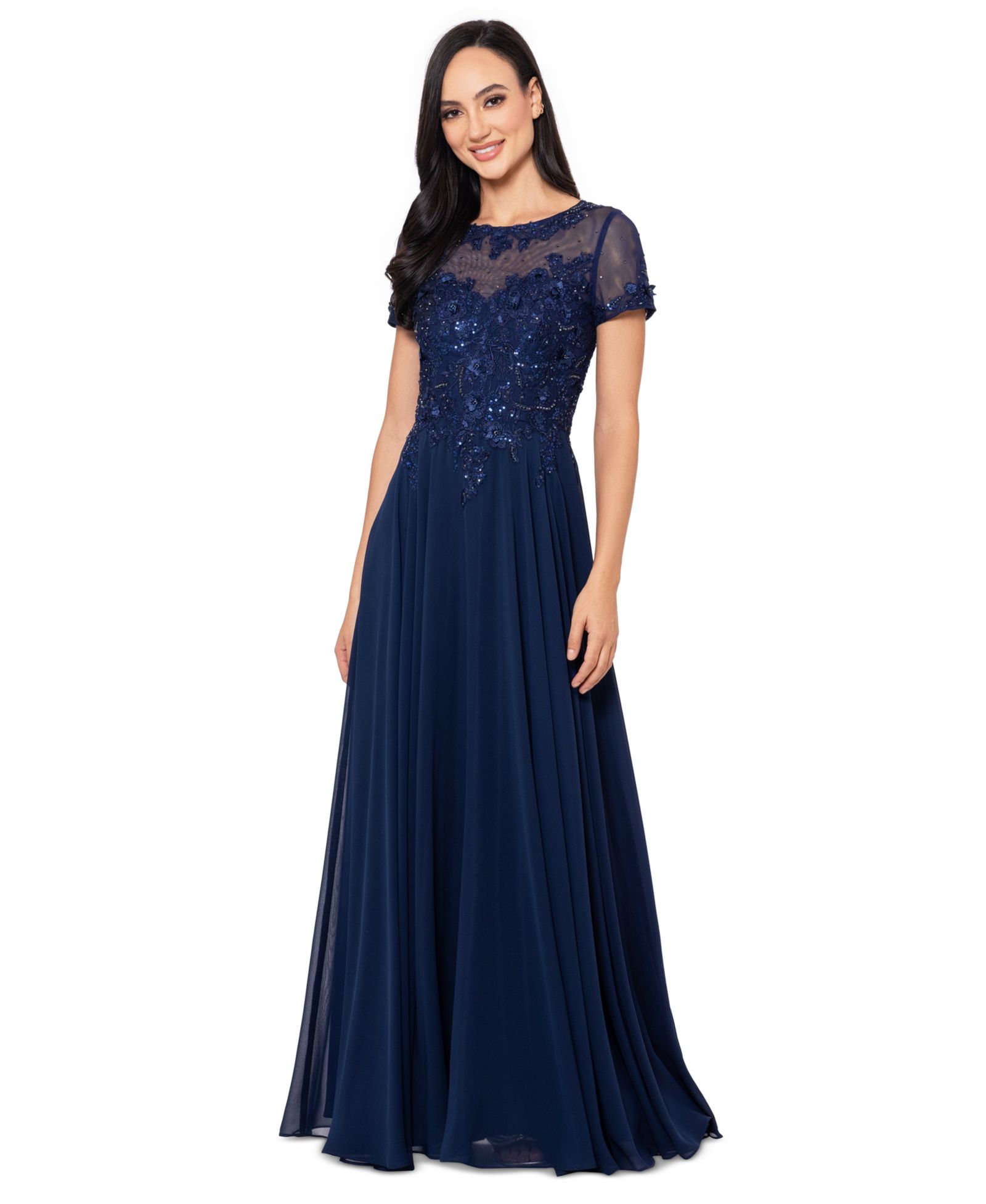 XSCAPE Petite Boat-Neck Sequin Mesh Gown