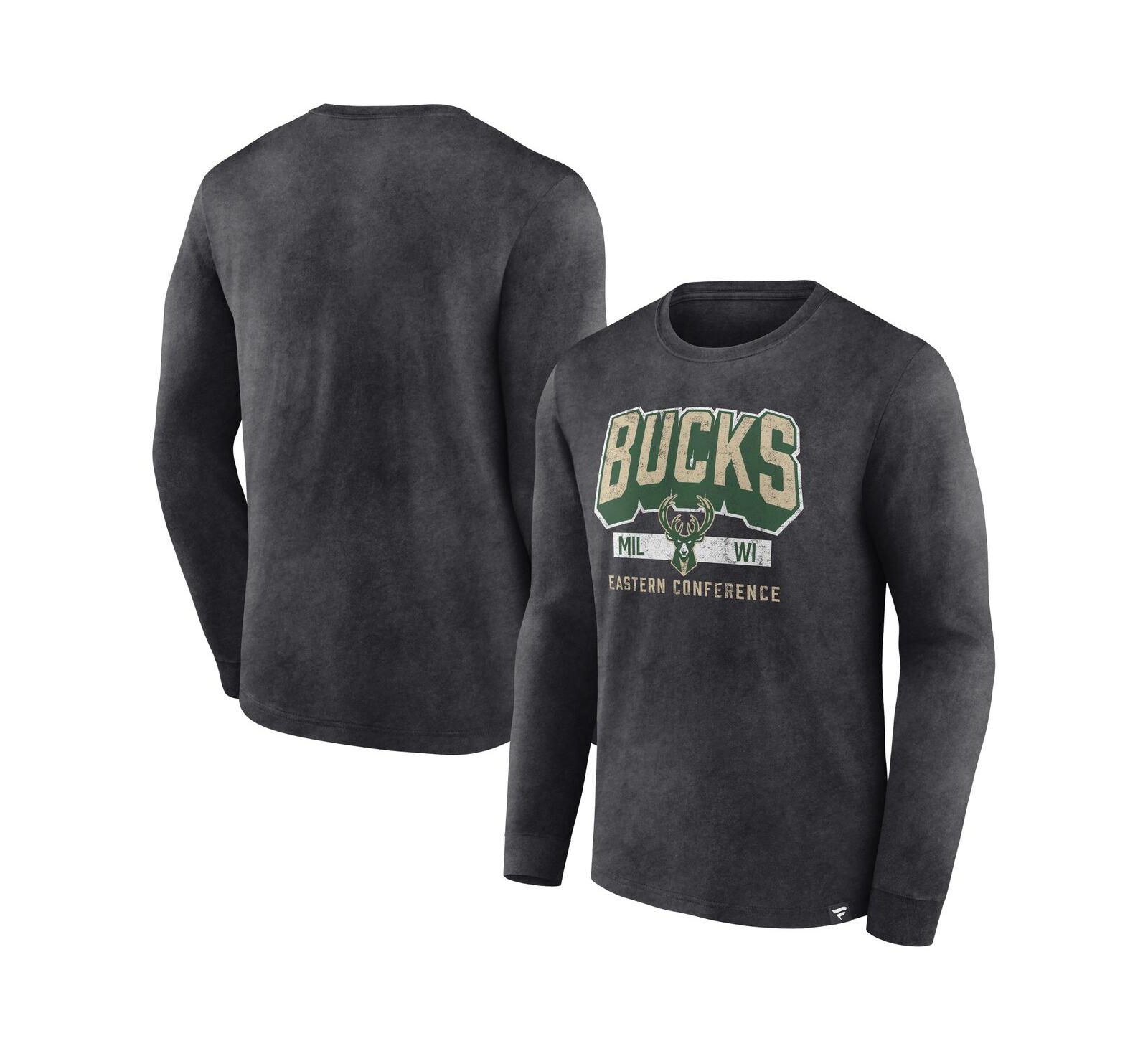 Men's Fanatics Heather Charcoal Distressed Milwaukee Bucks Front Court Press Snow Wash Long Sleeve T-shirt