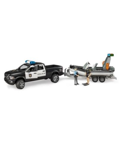 Bruder 1/16 Ram 2500 Police Pickup Truck with Lights and Sounds, Trailer and Boat, Multi-Piece Set