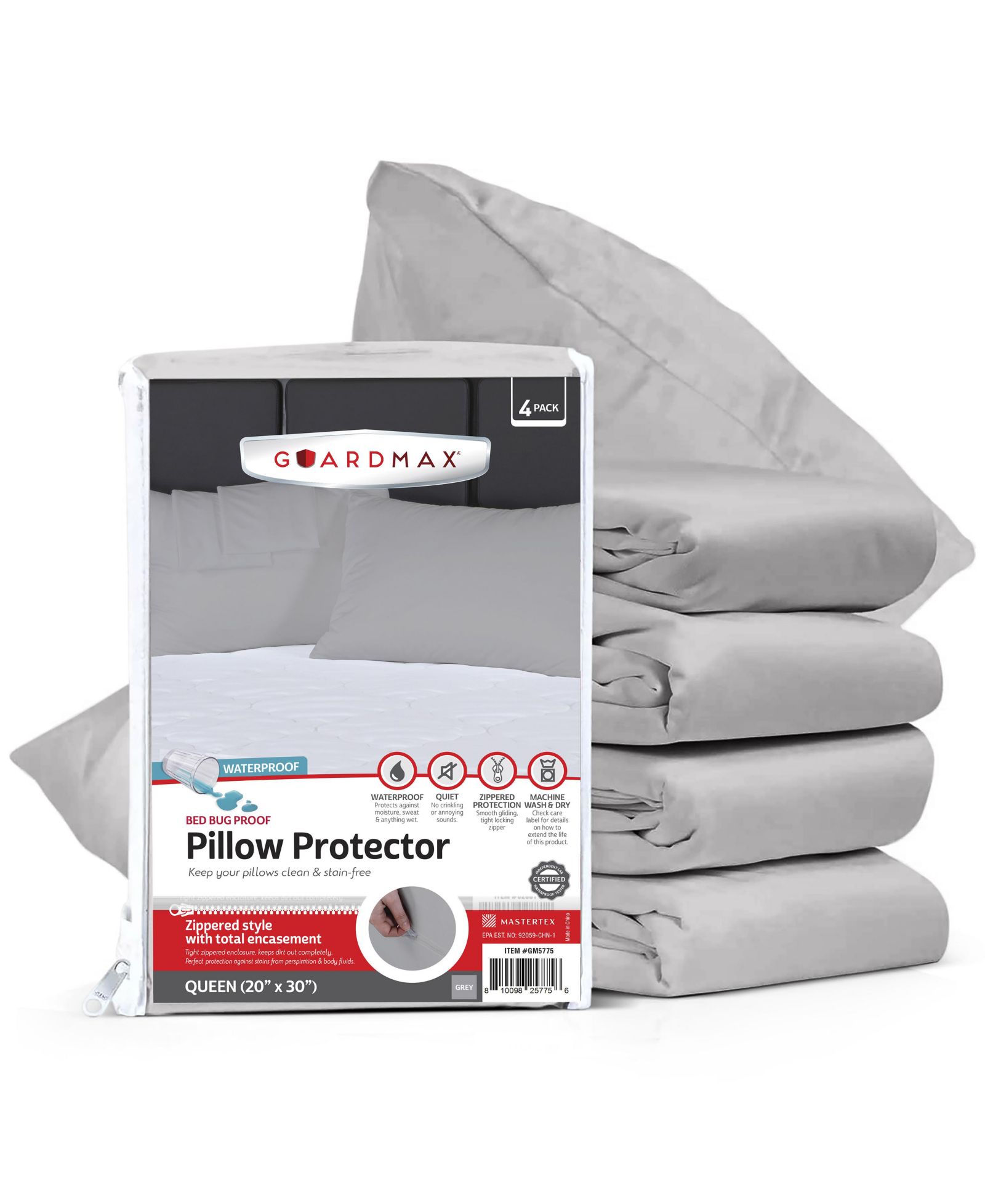 Guardmax  Queen Size Waterproof Pillow Protector with Zipper (4 Pack)