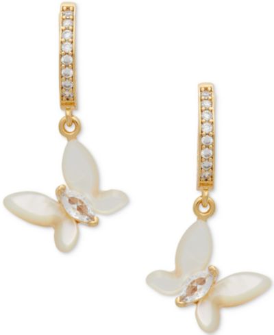 Серьги-кольца kate spade new york Gold-Tone Cubic Zirconia & Mother-of-Pearl Butterfly Charm Huggie