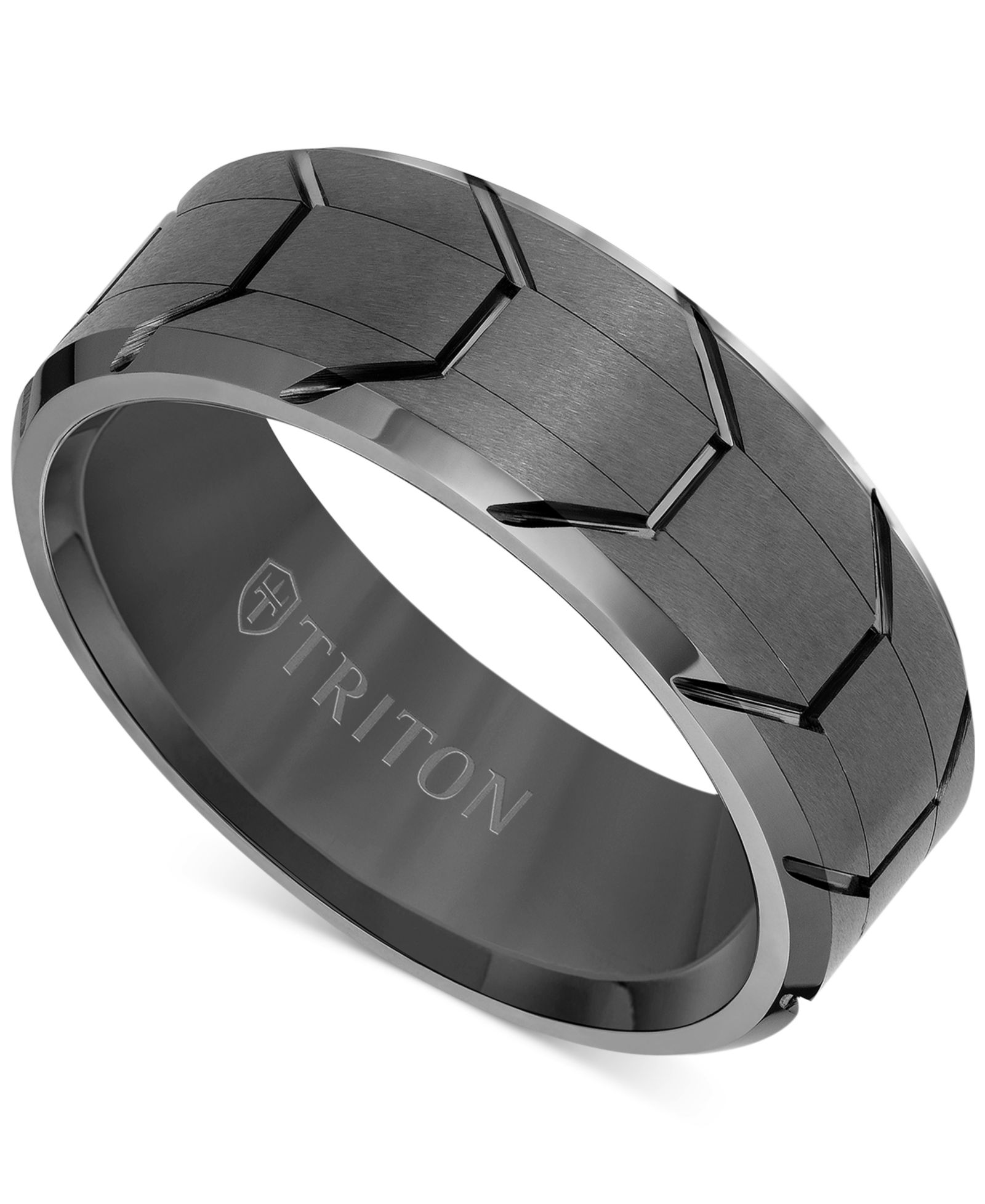 Triton Men's Beveled Edge Tread Wedding Band in Gunmetal Gray Tungsten Carbide
