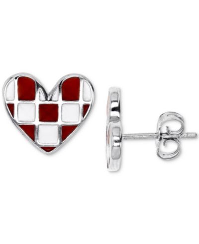 Серьги-гвоздики Pink & White Enamel Checkerboard Heart
