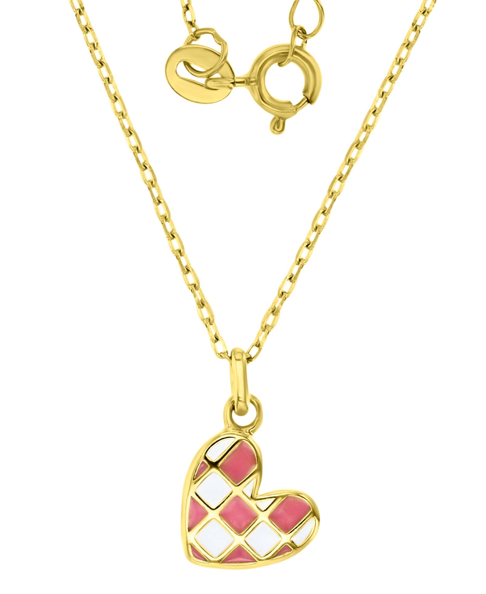 Enamel Heart Checkerboard Pattern Pendant Necklace in 14k Gold-Plated Sterling Silver, 13" + 2" extender