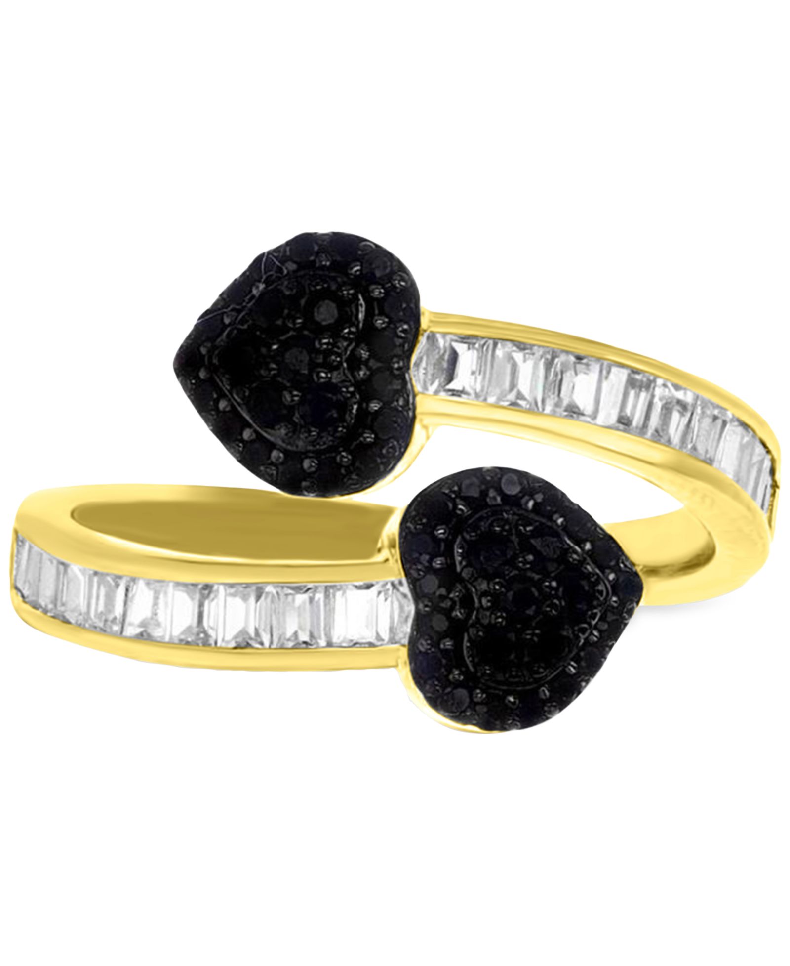 Black Cubic Zirconia Two Heart Bypass Ring in Sterling Silver