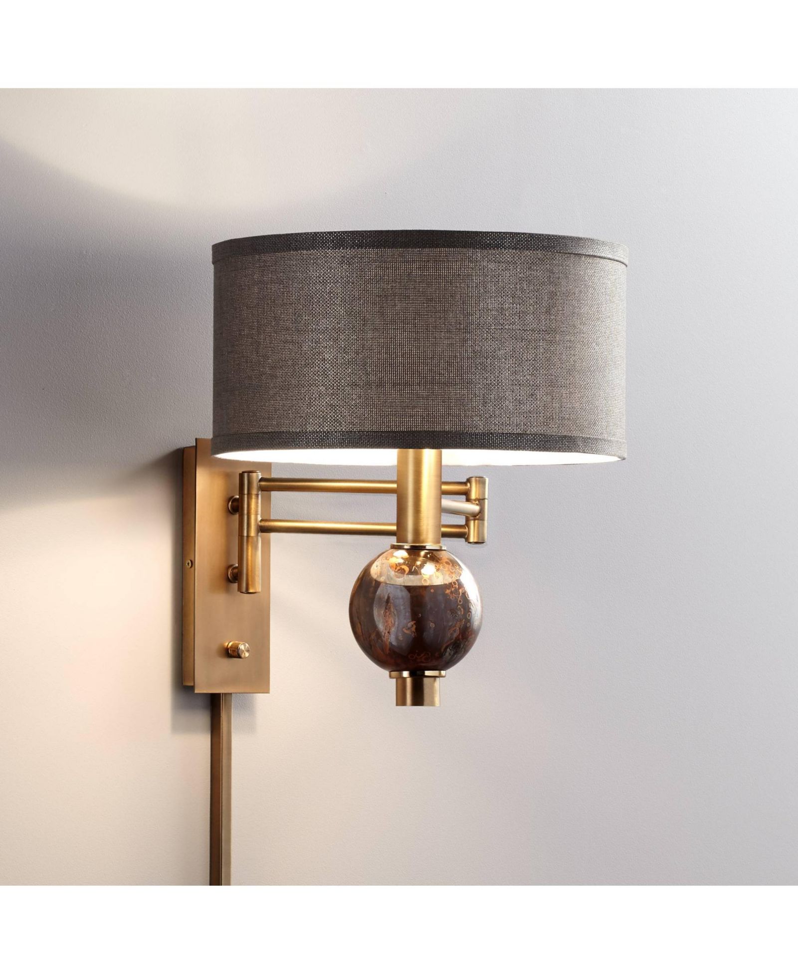 360 Lighting Modern Swing Arm Wall Lamp Painted Polished Brass Plug-In Light Fixture Dark Taupe Drum Shade for Bedroom Living Room