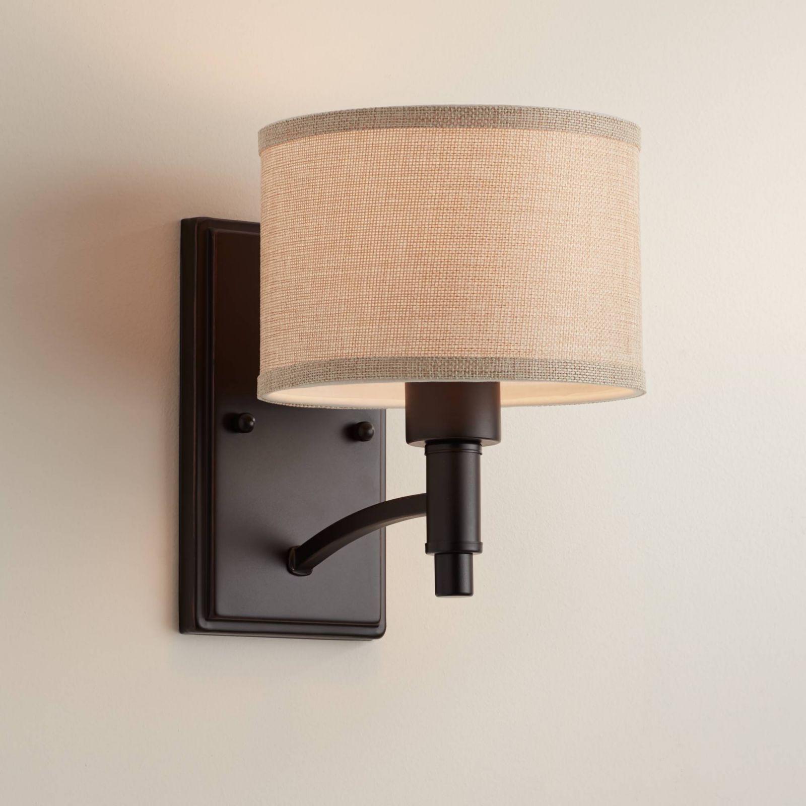 Franklin Iron Works La Pointe Farmhouse Rustic Wall Light Sconce Oil Rubbed Bronze Hardwire 6 3/4" Fixture Oatmeal Linen Drum Shade for Bedroom Home