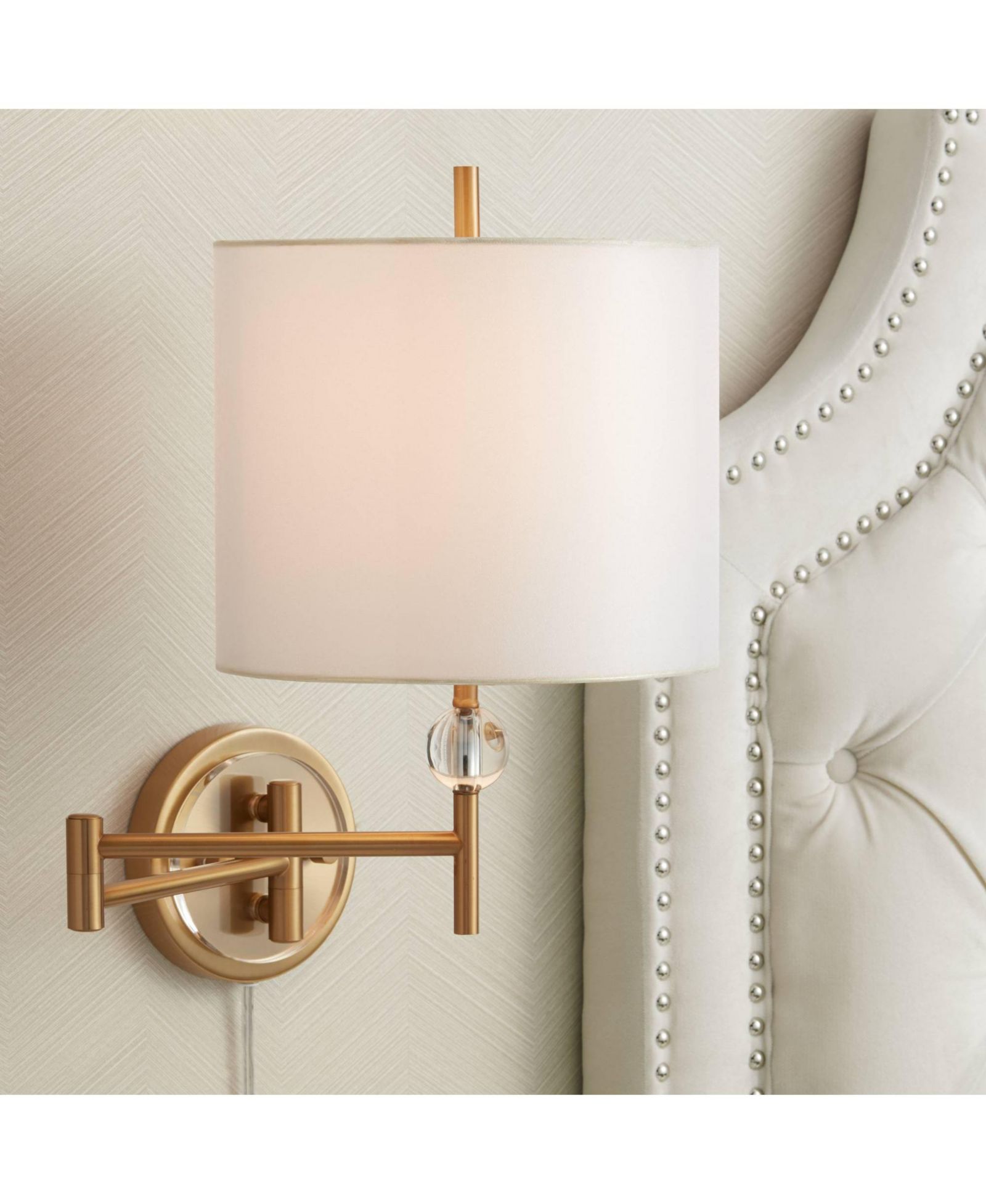 Possini Euro Design Kohle Modern Swing Arm Wall Lamp Polished Brass Plug-in Light Fixture White Inner Sheer Outer Drum Shade for Bedroom Bedside House