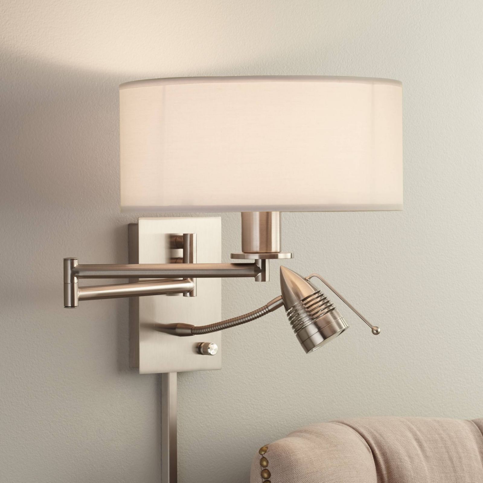 Possini Euro Design Tesoro Modern Swing Arm Wall Lamp with LED Reading Arm Brushed Nickel Plug-in Light Fixture Off White Drum Shade for Bedroom Home