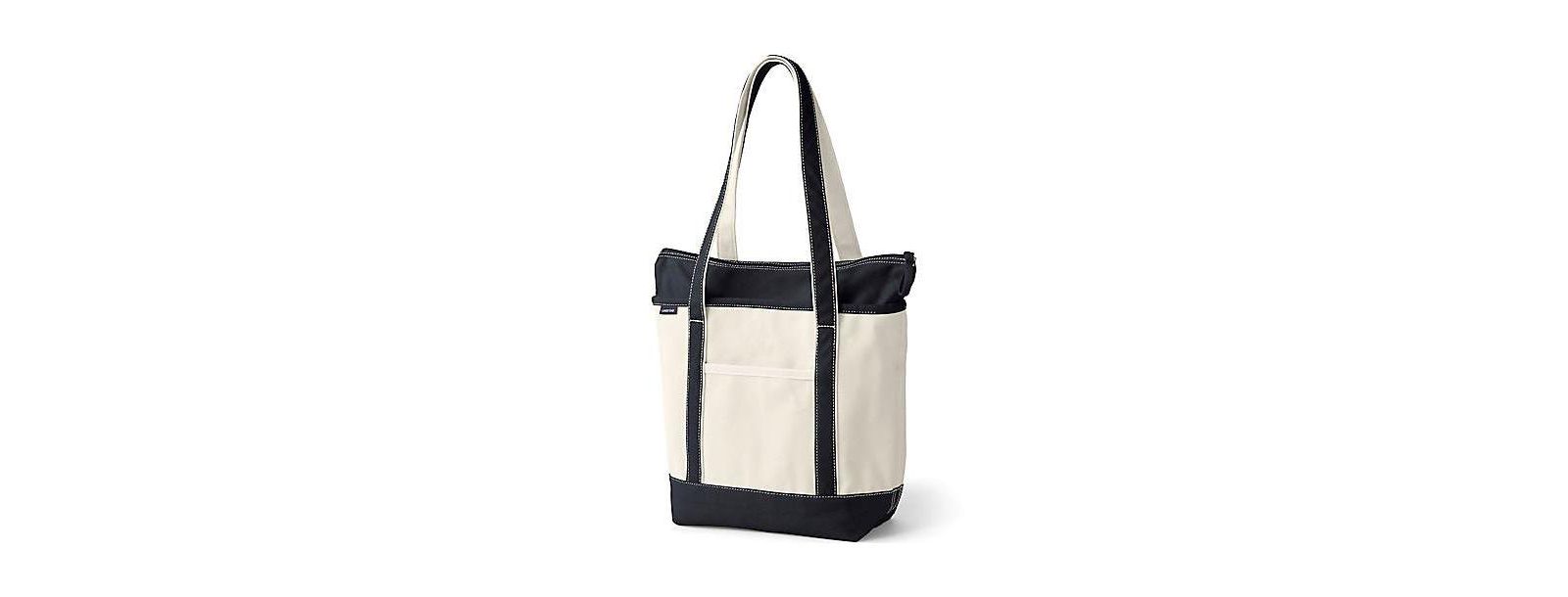 Lands' End Medium 5 Pocket Zip Top Long Handle Canvas Tote Bag