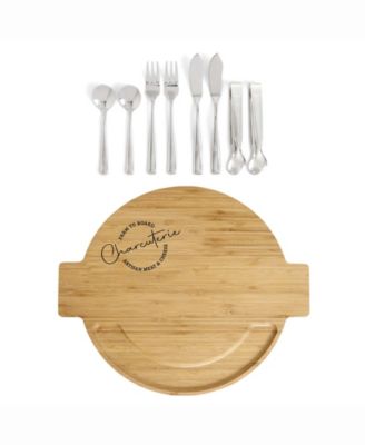 HIC Kitchen Maison Du Fromage 9-Piece Burnished Bamboo and 18/8 Stainless Steel Charcuterie Round Cheese Board and Serving Set