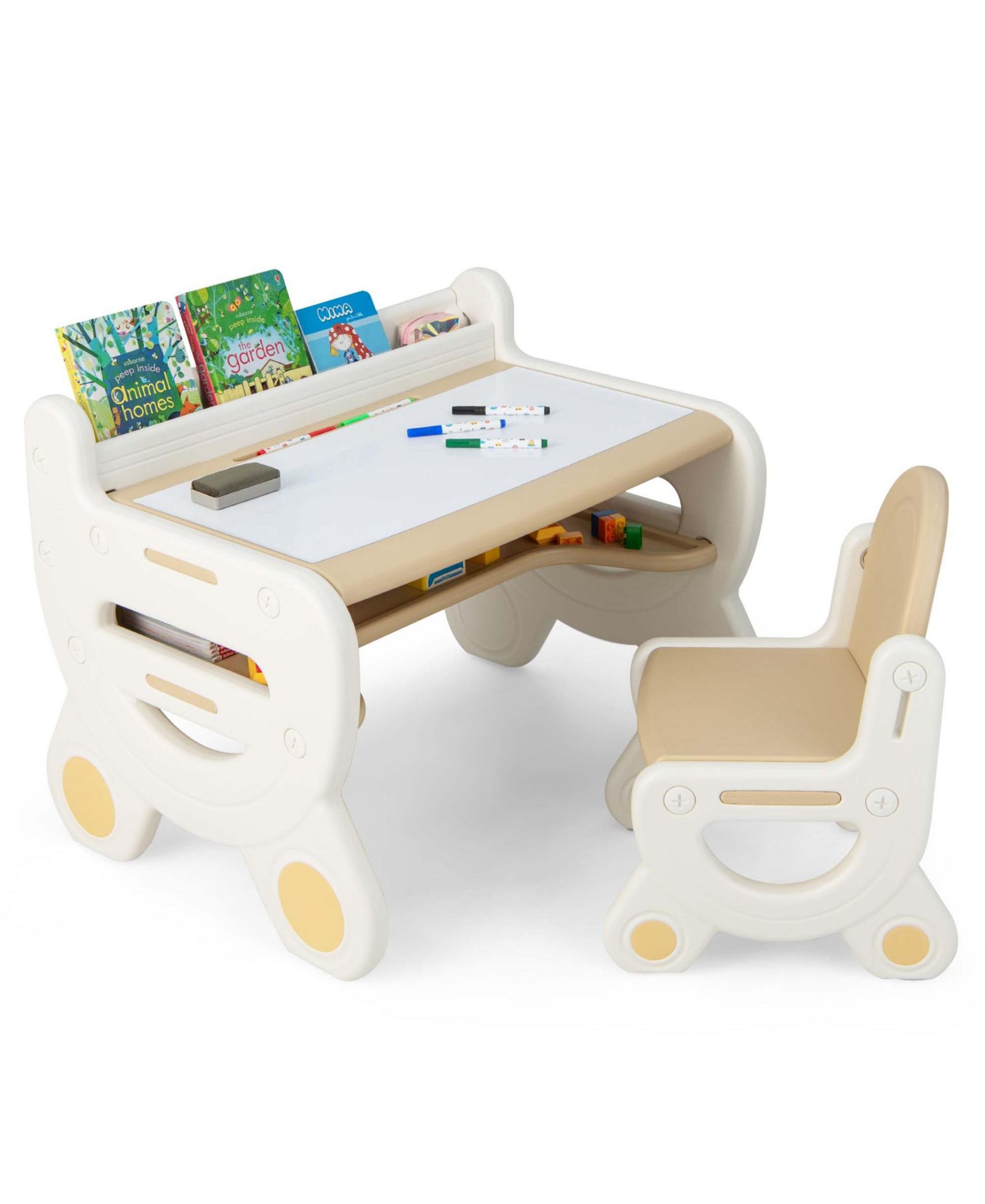 Costway Kids' Erasable Drawing Table and Chair with Storage, 2-Piece Set