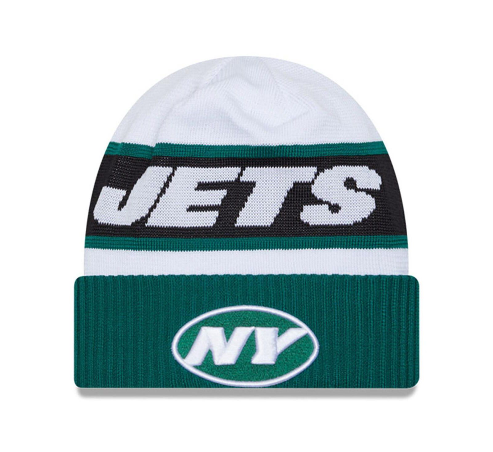 Men's New Era White, Green New York Jets 2023 Sideline Tech Cuffed Knit Hat
