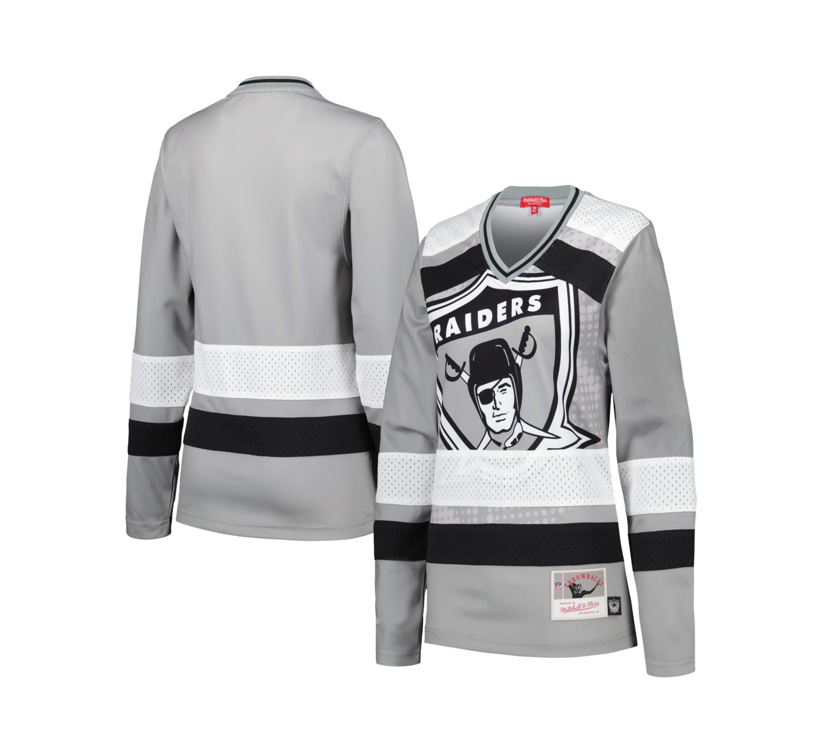 Women's Mitchell & Ness Silver Distressed Las Vegas Raiders Big Face 7.0 Long Sleeve Jersey T-shirt