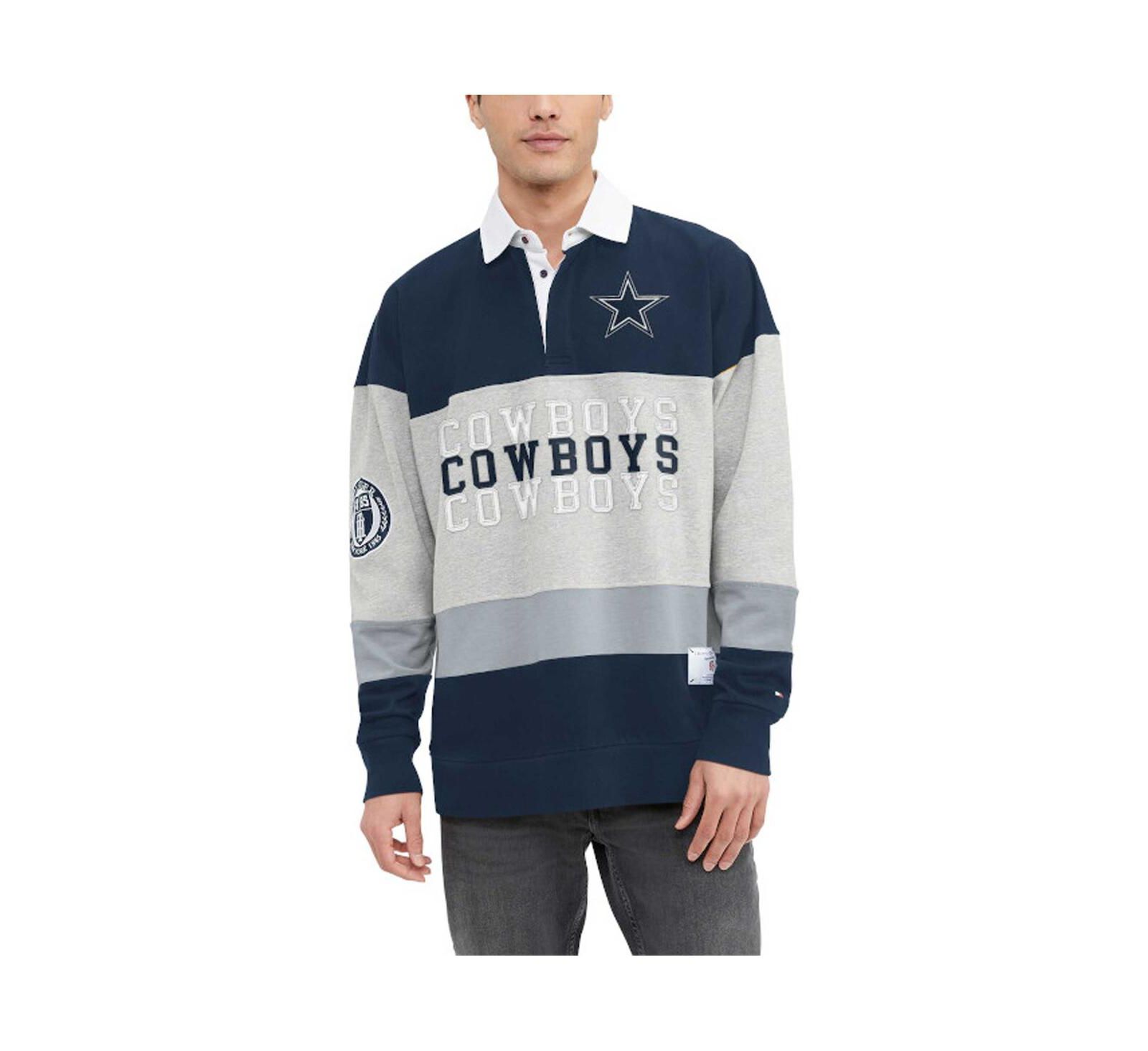 Men's Tommy Hilfiger Heather Gray, Navy Dallas Cowboys Connor Oversized Rugby Long Sleeve Polo Shirt