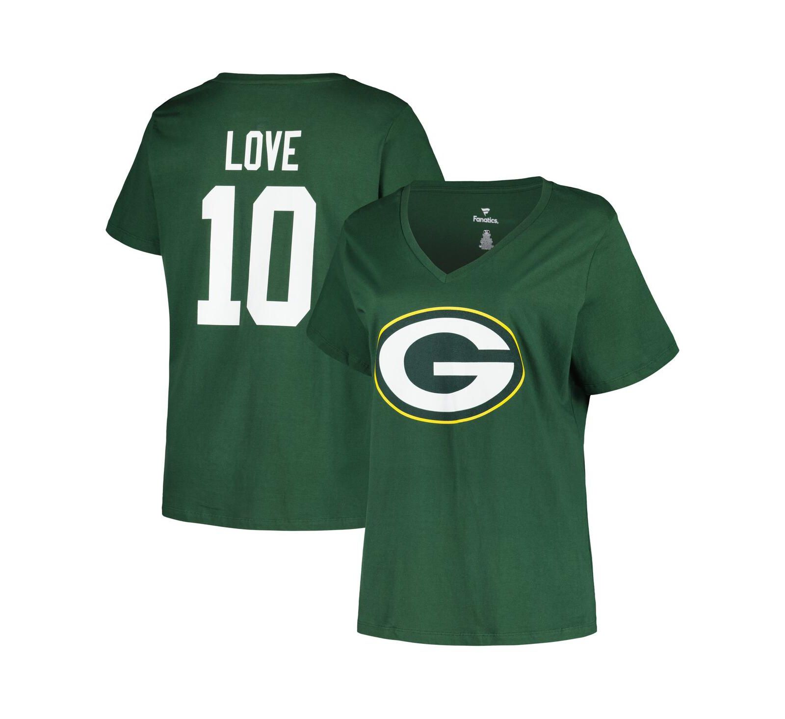 Women's Fanatics Jordan Love Green Green Bay Packers Plus Size Player Name and Number V-Neck T-shirt