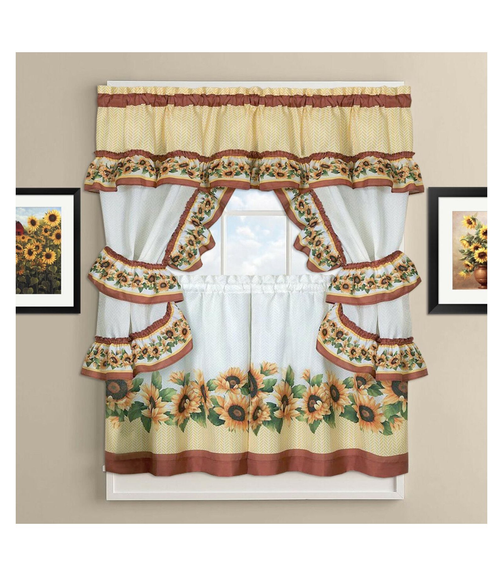 Kate Aurora Chevron Sunflower Complete Cottage Kitchen Curtain Tier & Valance Set
