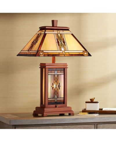 Robert Louis Tiffany Walnut Mission Rustic Table Lamp 27" Tall Wood with Nightlight Stained Art Glass Shade for Bedroom Living Room Bedside Nightstand